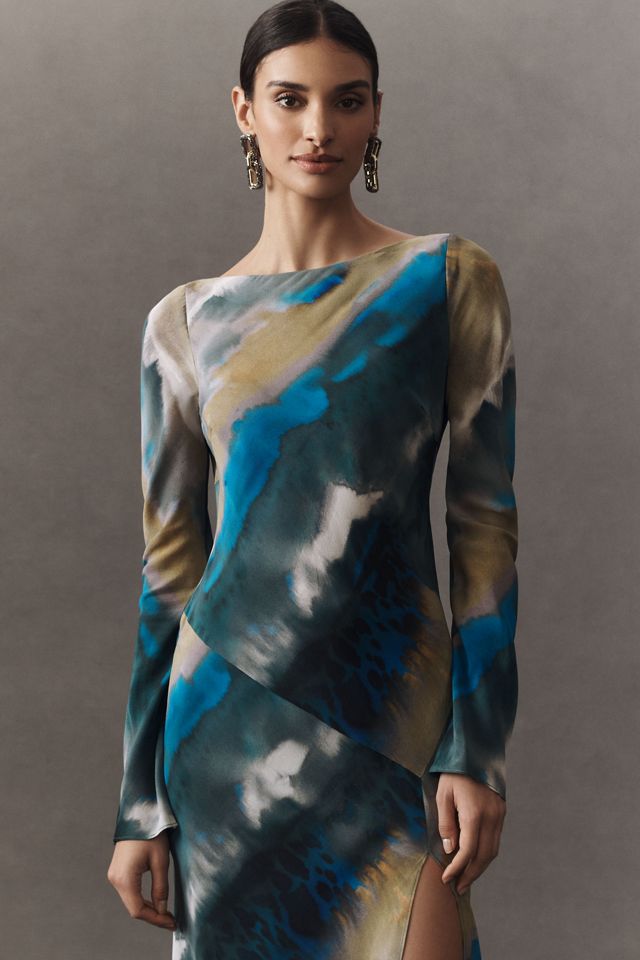 Shona Joy Jardin Boat-Neck Backless Split Silk Maxi Dress #6