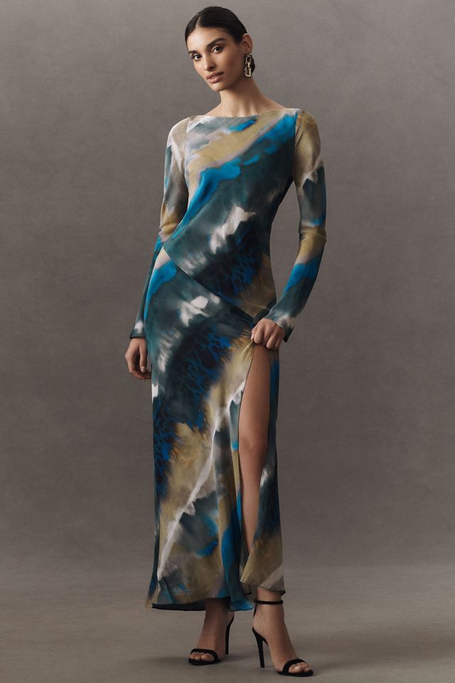 Shona Joy Jardin Boat-Neck Backless Split Silk Maxi Dress #2