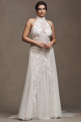 Zoe Halter Fit & Flare Beaded Lace Wedding Gown
