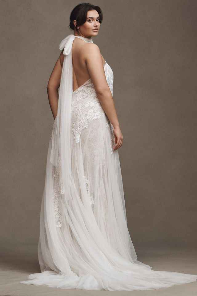Watters Zoe Halter Fit & Flare Beaded Lace Wedding Gown #6