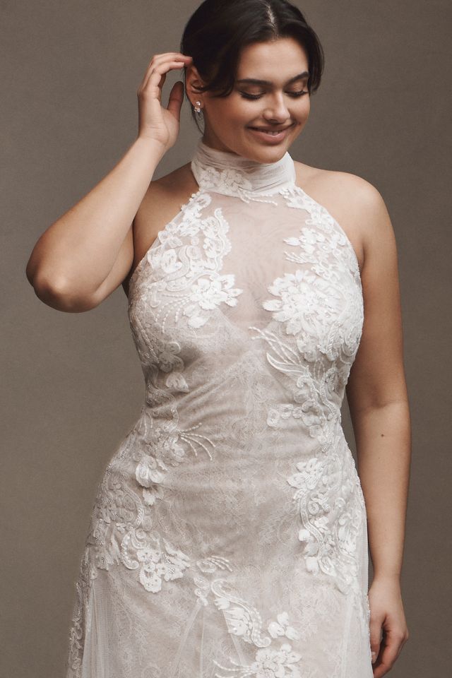 Watters Zoe Halter Fit & Flare Beaded Lace Wedding Gown #7