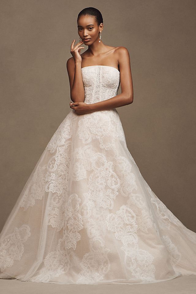 strapless wedding dresses with lace F221010 Romantic Appliqu Gown Sparkly Sequin Under-Layer The sweetheart neckline and A Sheer-Bodice Strapless White Bridal Gown