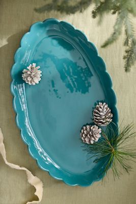 Scalloped Rim Stoneware Oval Serving Platter