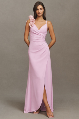 DRESS THE POPULATION CAMELIA RUFFLE-SHOULDER V-NECK STRETCH CREPE MAXI DRESS 