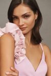Dress The Population Camelia Ruffle-Shoulder V-Neck Stretch Crepe Maxi Dress