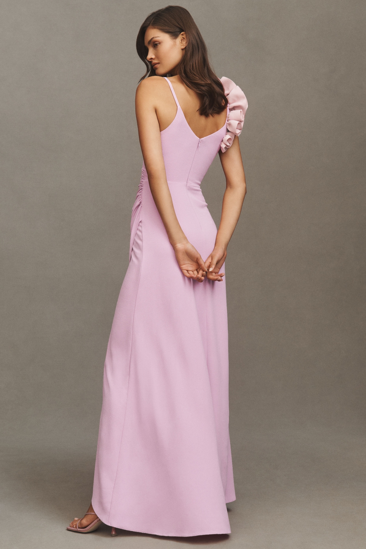 Dress The Population Camelia Ruffle-Shoulder V-Neck Stretch Crepe Maxi