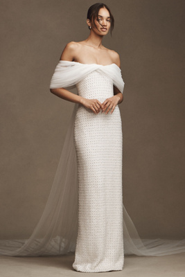 Costarellos Hemera Crystal-beaded Sheath Wedding Gown In White