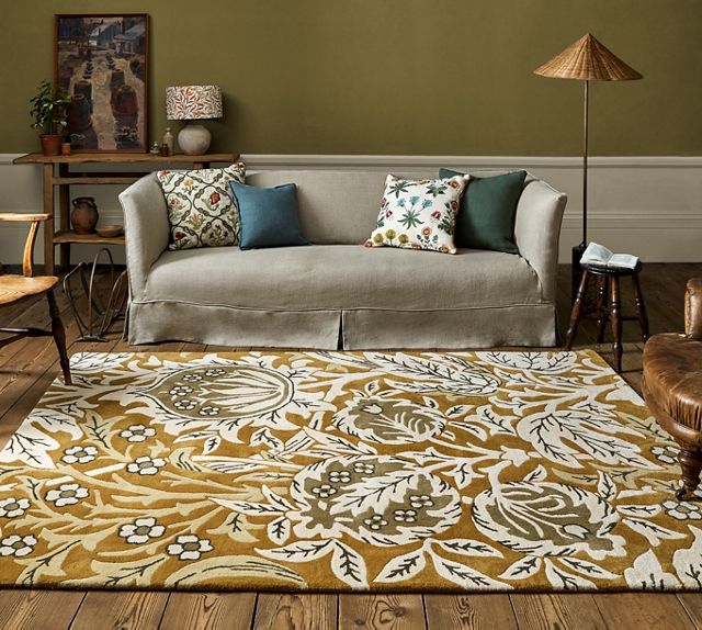 Gold and Beige Floral Hand Tufted Wool Area Rug