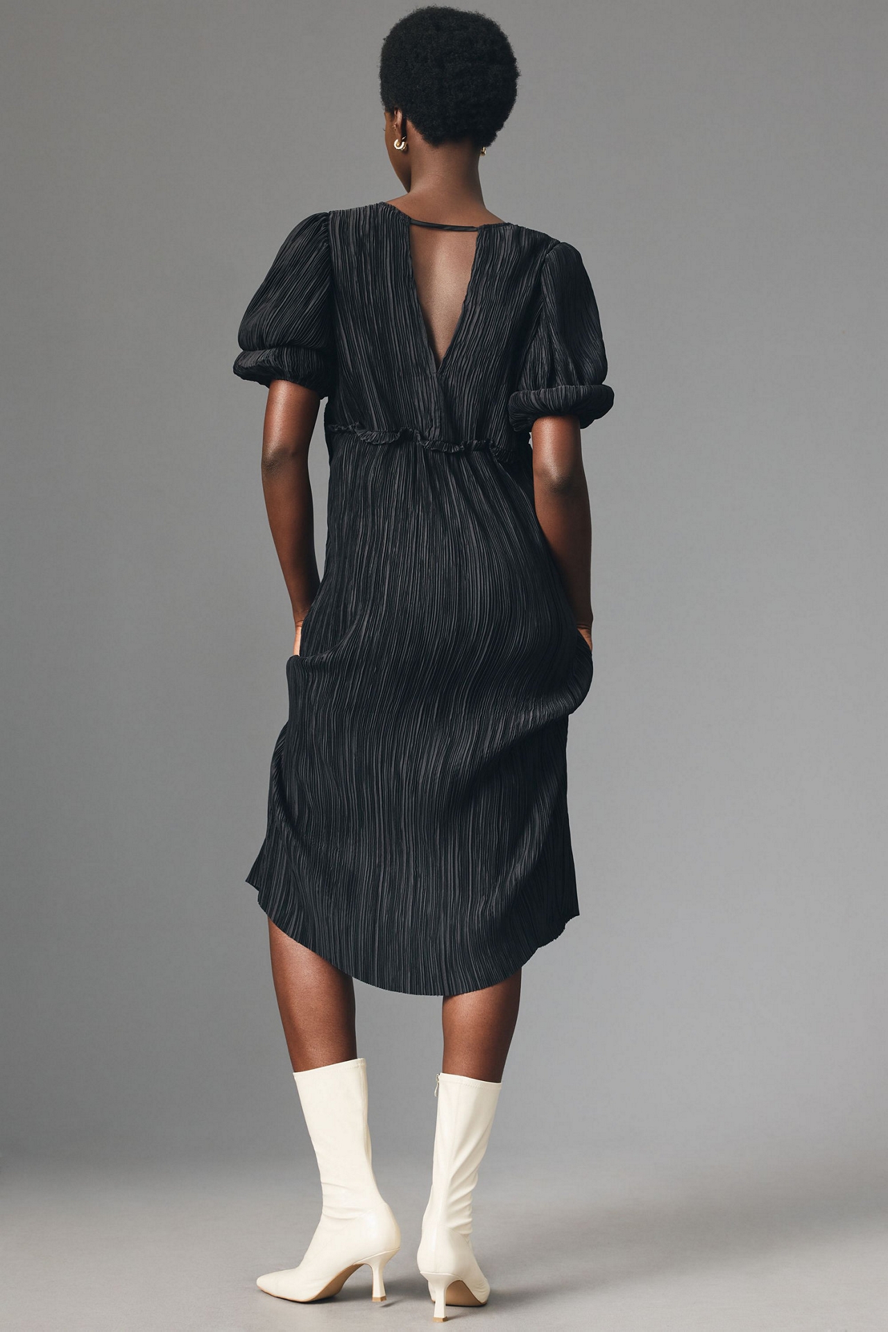 V-Neck Pleated Slim Midi Dress