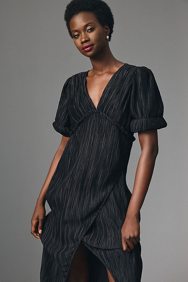 black pleated dress Laxmi Accordion Pleat Maxi This elegant maxi dress is the perfect choice for any special occasion A.L.C. Moira Satin Pleated Maxi