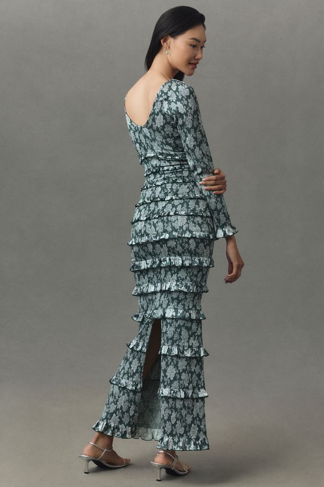 V. Chapman Lanie Long-Sleeve Scoop-Neck Ruched Ruffled Satin Maxi Dress #1