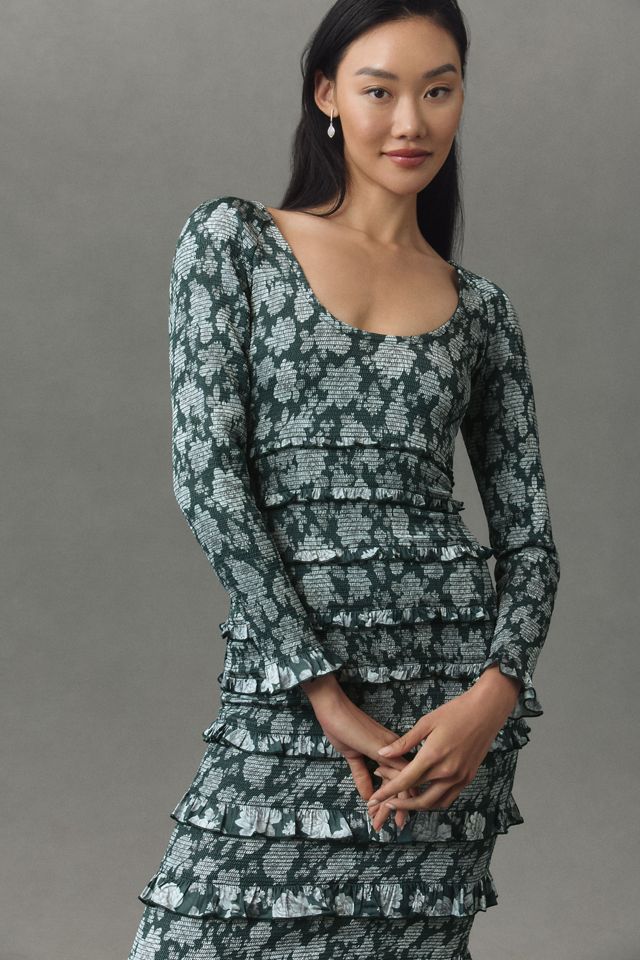 V. Chapman Lanie Long-Sleeve Scoop-Neck Ruched Ruffled Satin Maxi Dress #2