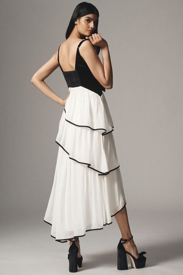BHLDN Velvet Belted Bow Ruffle Midi Dress #1