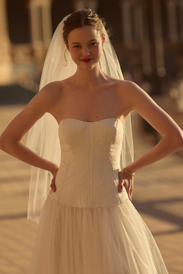 BHLDN STRAPLESS A-LINE SATIN TULLE-SKIRT MIDI DRESS 