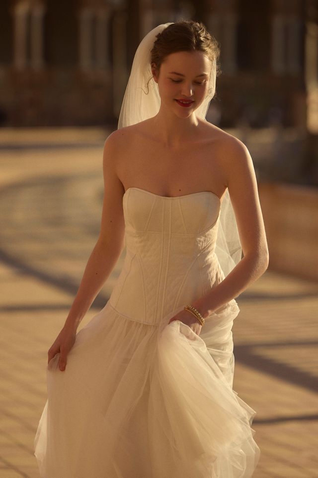 mixed media sheer skirt dress bhldn Formal dress with sheer skirt and bustier bodice
