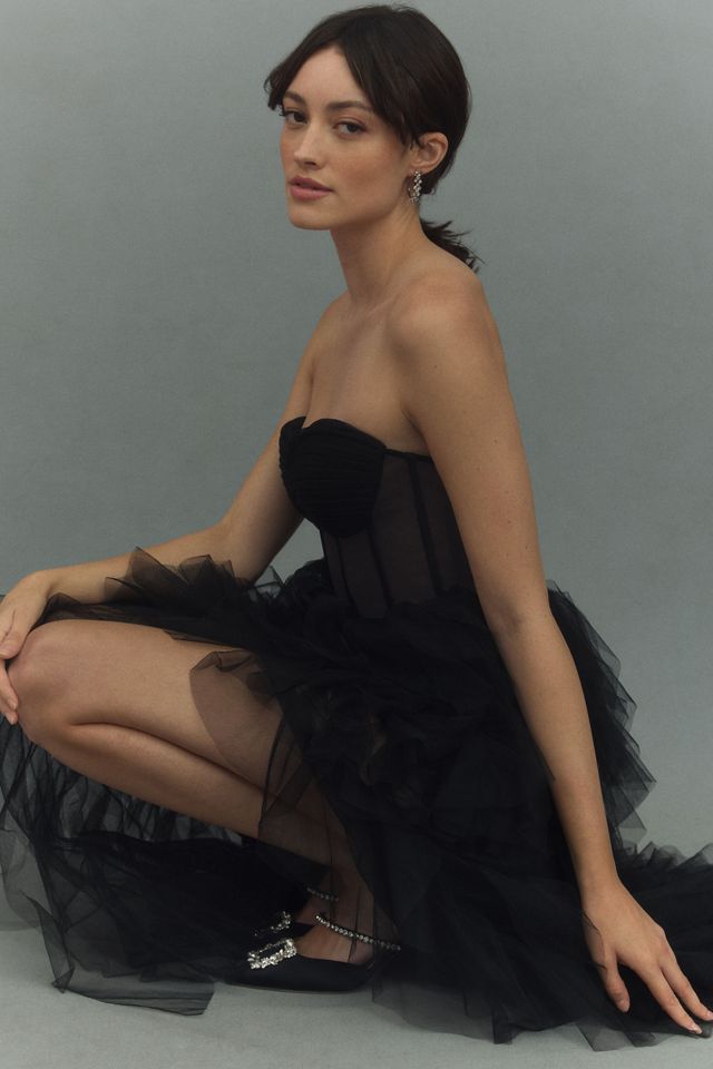 Mac Duggal Strapless Bustier Spiral Ruffle Tulle Side-Slit Maxi Dress |  Anthropologie