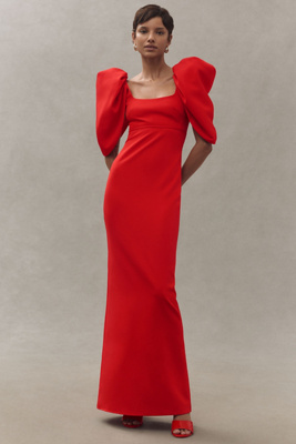 Mac Duggal Puff-sleeve Scoop-neck Column Crepe Maxi Dress In Red