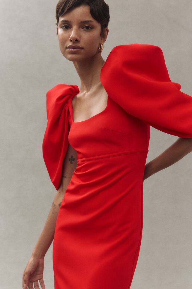 Mac Duggal Puff-Sleeve Scoop-Neck Column Crepe Maxi Dress