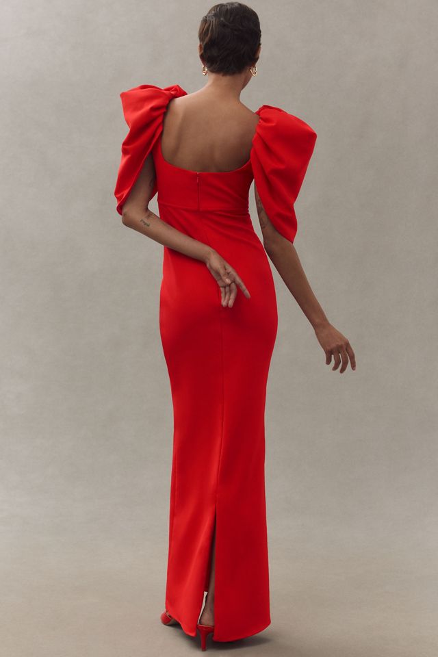 Mac Duggal Puff-Sleeve Scoop-Neck Column Crepe Maxi Dress #2
