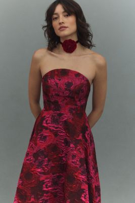 Mac Duggal Strapless Brocade High-Low A-Line Maxi Dress