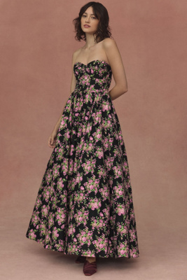 Strapless Sweetheart Brocade Floral A-Line Maxi Dress