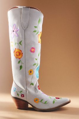 Dingo Flower Power Suede Tall Western Boots In White