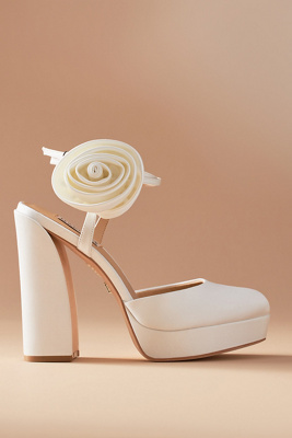 Badgley Mischka Janessa Rosette Satin Platform Heels In White