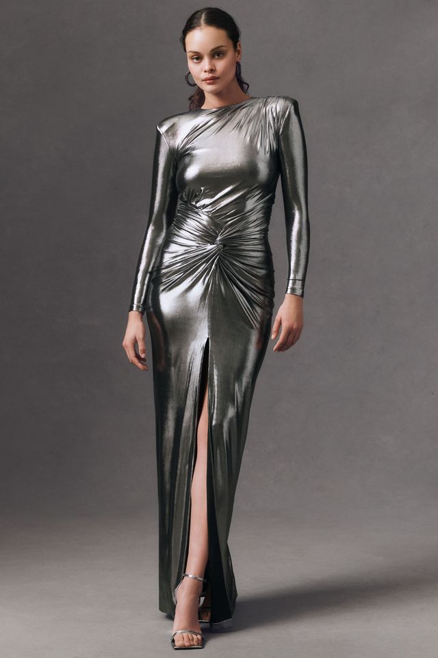Retrofete Fenella Long-Sleeve Front-Slit Twist Metallic Maxi Dress #1