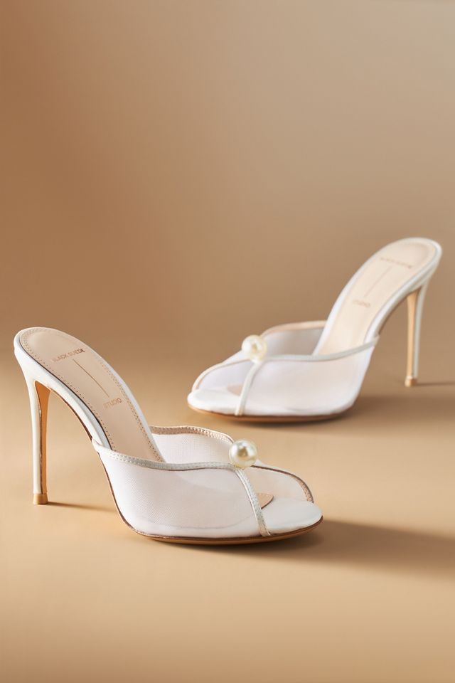 Black Suede Studio Sadie Mesh Pearl Mule Heels #1