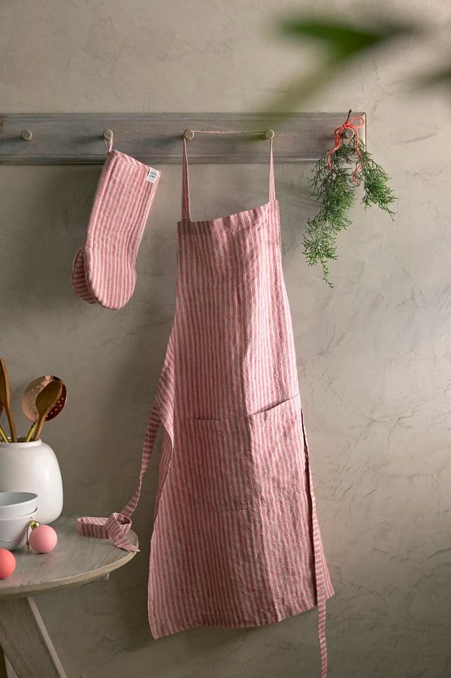 Red Stripe Linen Oven Mitt #1