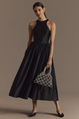 BHLDN CORA HALTER BACK-CUTOUT FIT & FLARE SATIN MIDI DRESS 