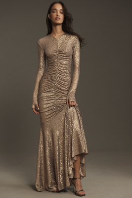 Norma Kamali Long-Sleeve V-Neck Shirred-Front Sequin Fishtail Maxi Dress |  Anthropologie