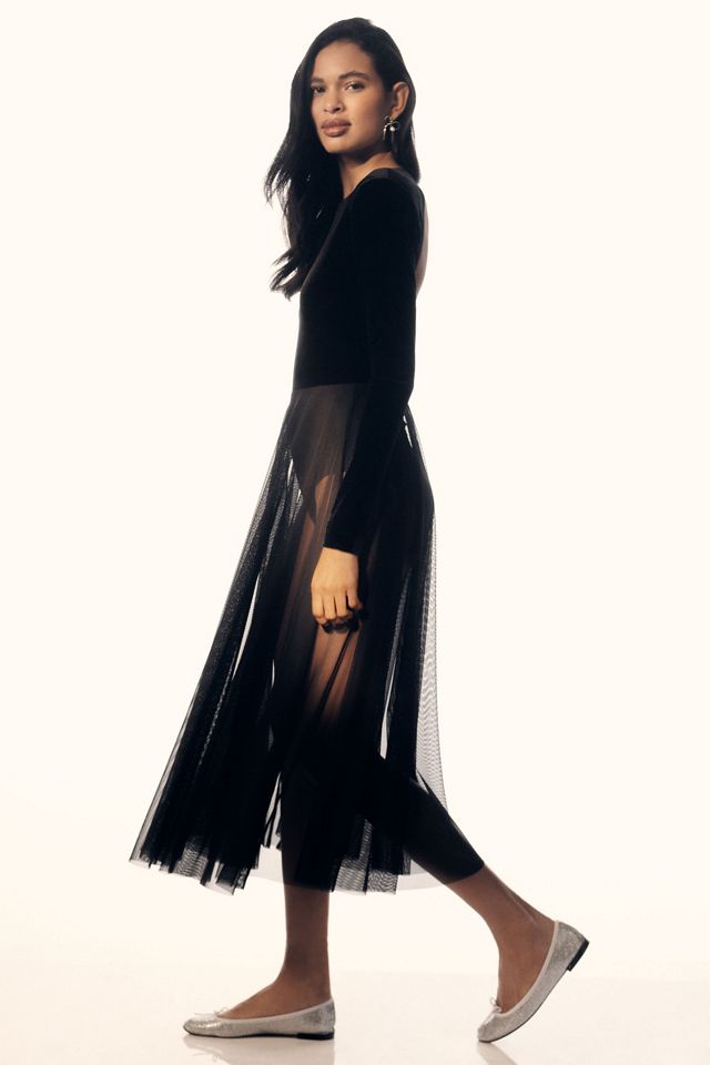 Norma Kamali Long-Sleeve Open-Back Velvet Sheer Skirt Midi Dress #4