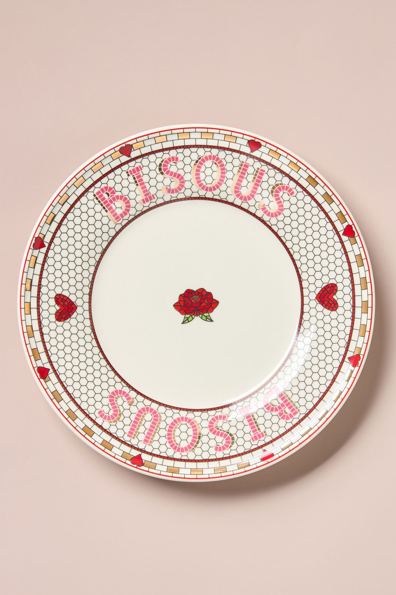The Bistro Tile Stoneware Dessert Plate: Valentine's Edition - Bisous, Standard, One Size