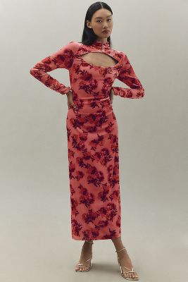 BHLDN ISABELLA LONG-SLEEVE HIGH-NECK CUTOUT VELVET MAXI DRESS 