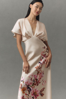 Bhldn Leila Deep-v Flutter-sleeve Satin A-line Gown In Beige