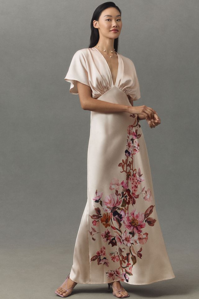 BHLDN Leila Deep-V Flutter-Sleeve Satin A-Line Gown #2