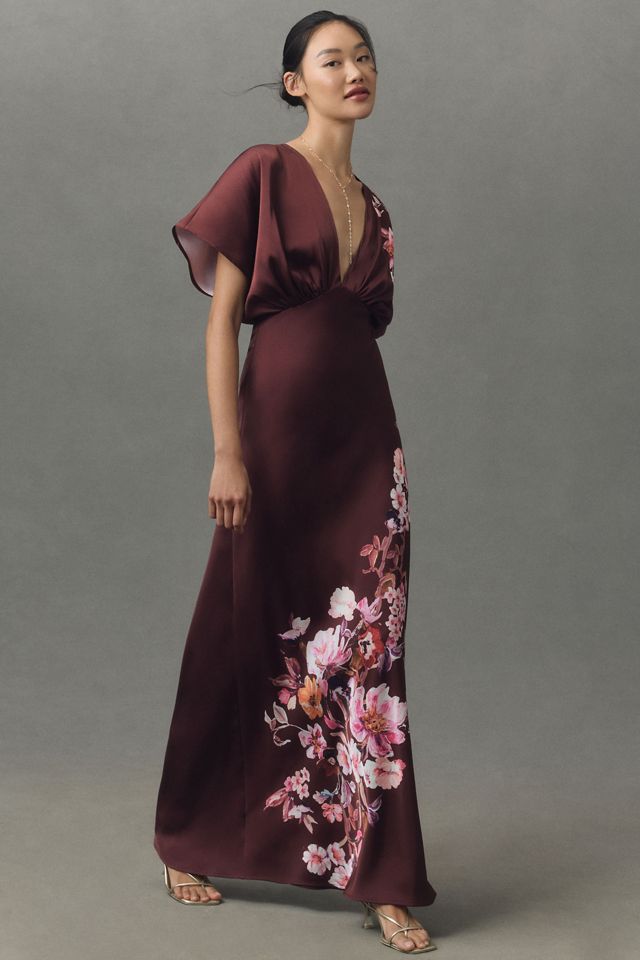 BHLDN Leila Deep-V Flutter-Sleeve Satin A-Line Gown #2