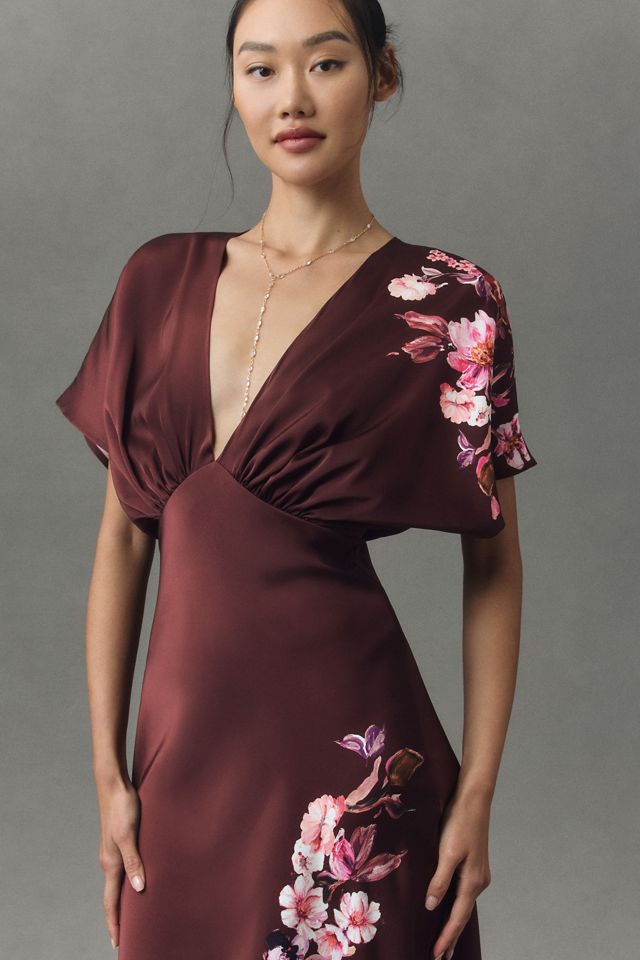 BHLDN Leila Deep-V Flutter-Sleeve Satin A-Line Gown #3