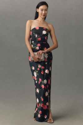 Avianna Stretch Satin Strapless Side-Slit Maxi Dress