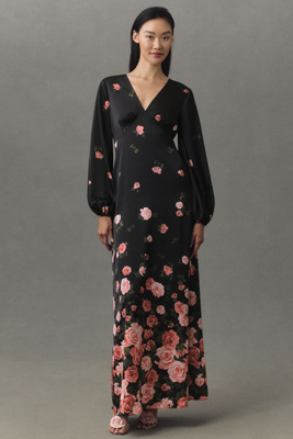 BHLDN FLORA HIGH-SHINE SATIN LONG-SLEEVE MAXI DRESS 