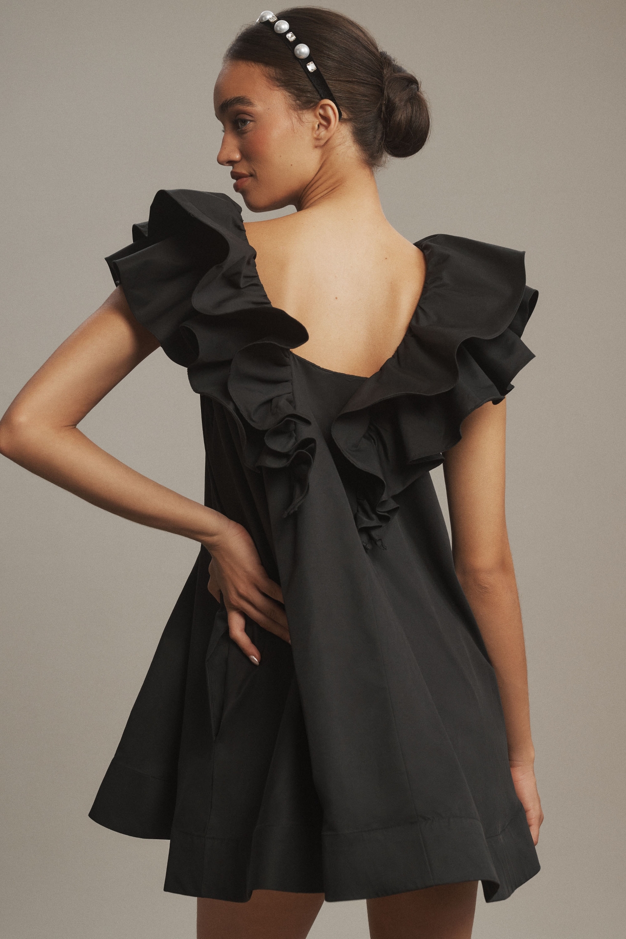 BHLDN Fallon Flutter-Sleeve Ruffled V-Neck Mini Dress