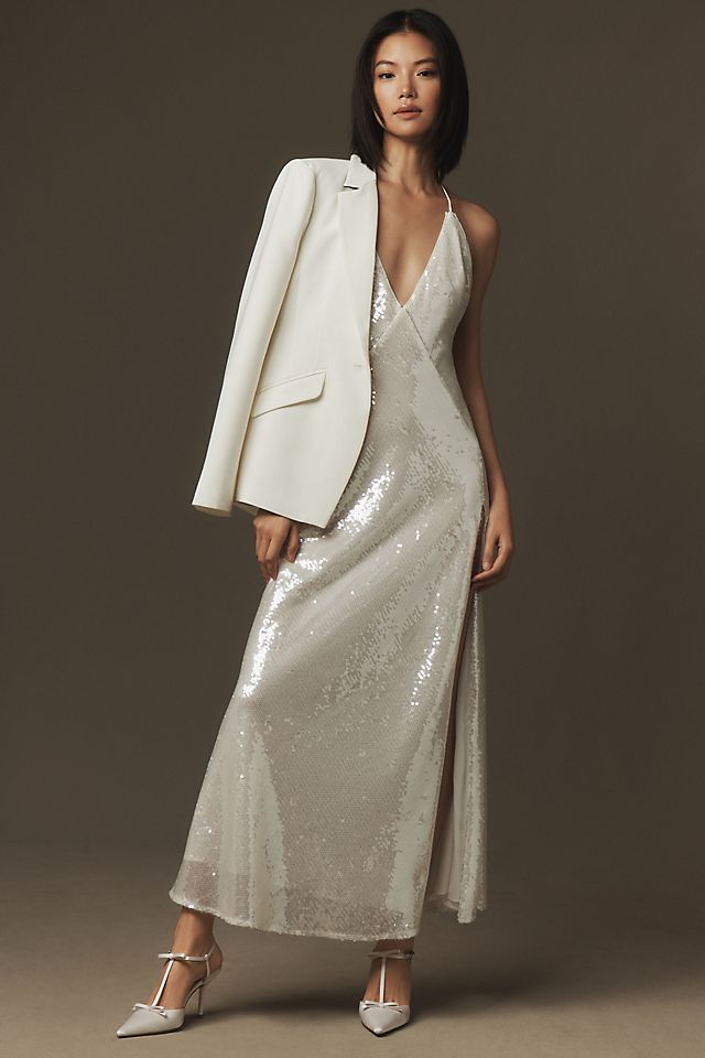 white sequin halter dress Moon And Back Boucle Maxi padded at bust Side split Hidden back zipper Medium stretch Fabrication Lulus | White Sequin Halter