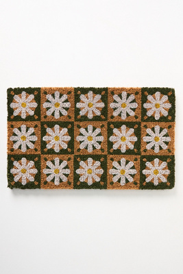 Anthropologie Checkered Daisies Coir Printed Doormat
