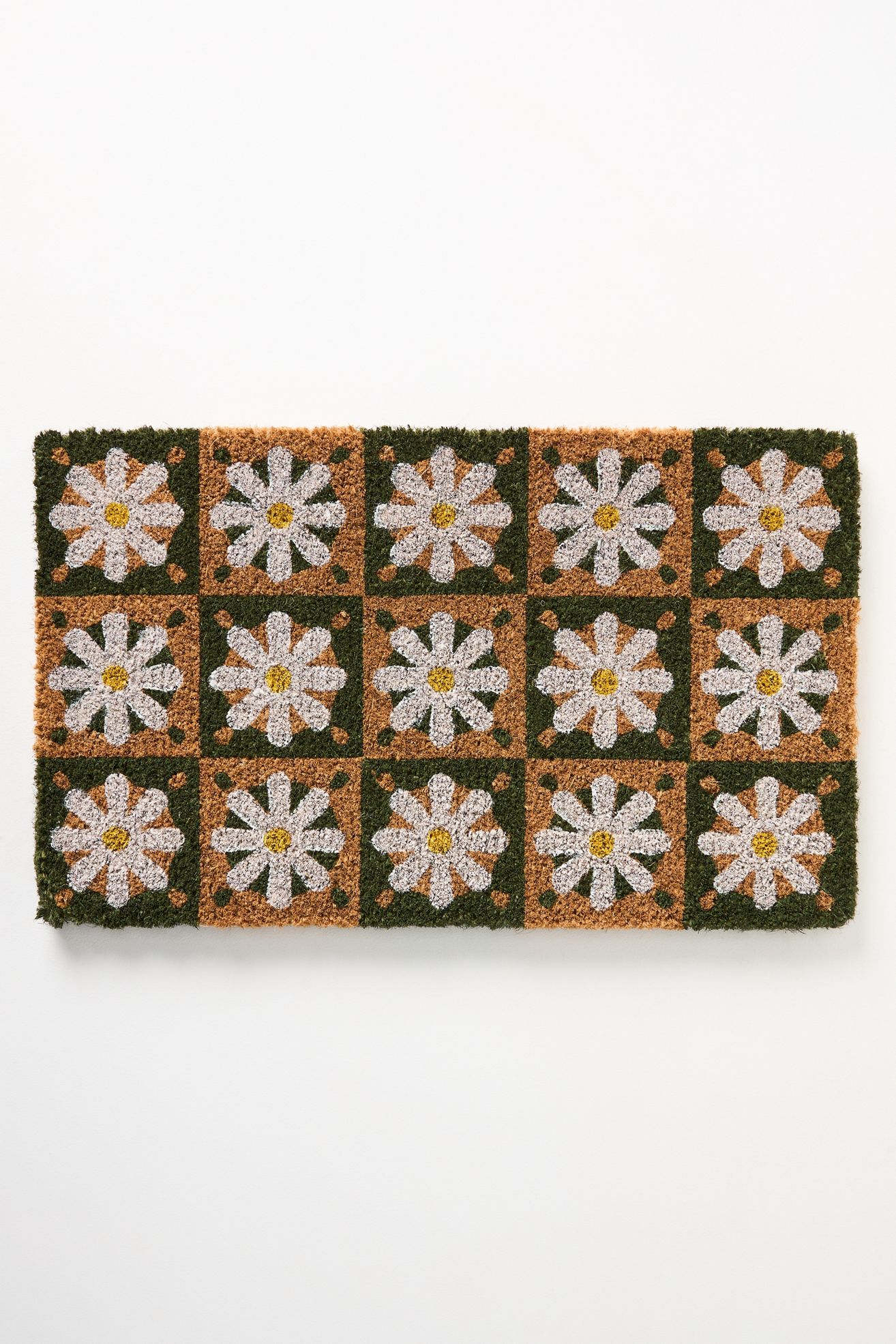 Checkered Daisies Coir Printed Doormat - Green, Standard, 18" x 30"