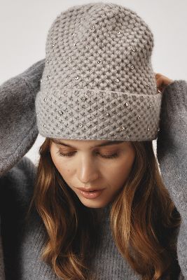 Maeve Rhinestone Waffle Knit Beanie In Gray