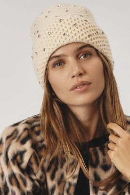 Maeve Rhinestone Waffle Knit Beanie In Neutral