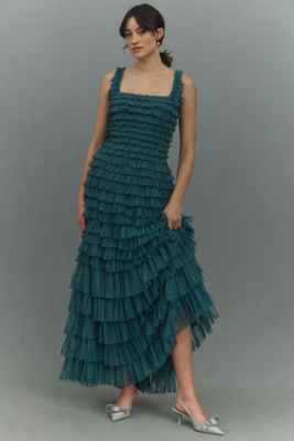 Square-Neck Ruffled Tiered Tulle Tea-Length Dress