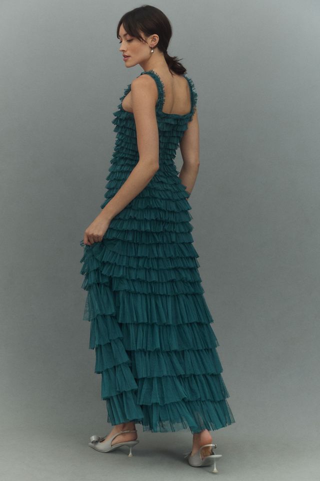 Mac Duggal Square-Neck Ruffled Tiered Tulle Tea-Length Dress