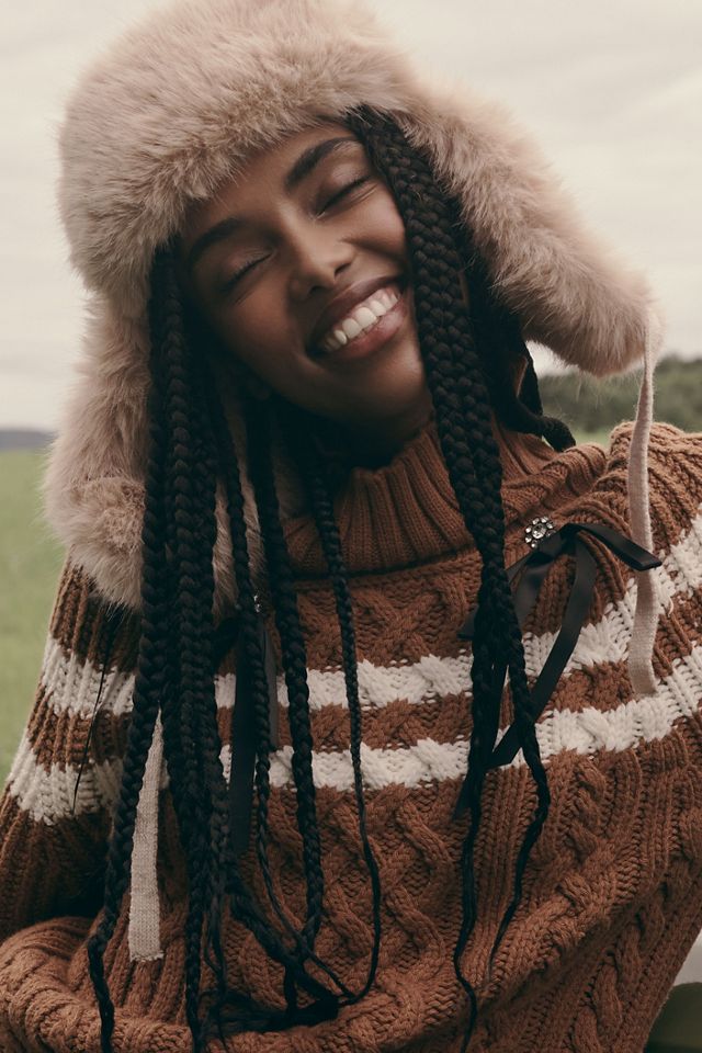Cable-Knit Faux-Fur Trapper Hat #1